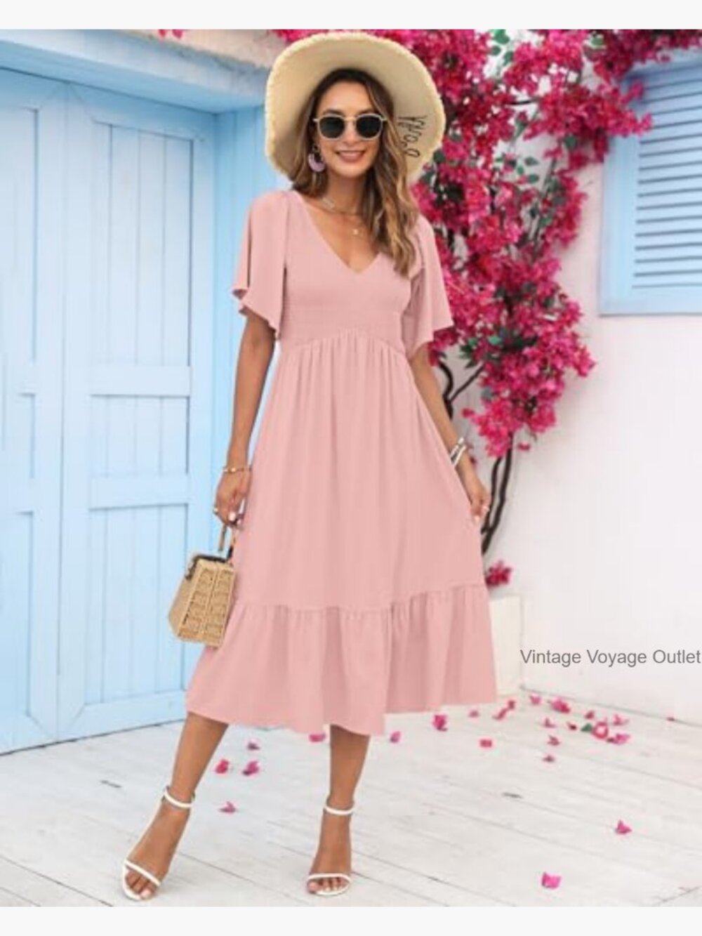 Smocked Empire Waist Midi Dress with Flutter Sleeves - Lightweight & Flowy - Picture 2 of 7